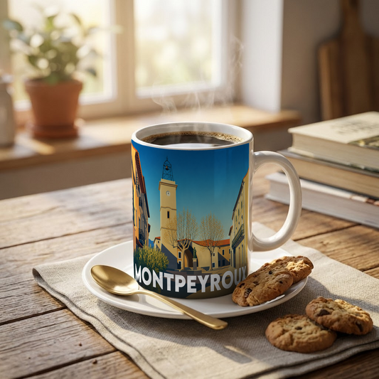 Mug souvenir de la ville de Montpeyroux avec une illustration stylisée de son clocher.