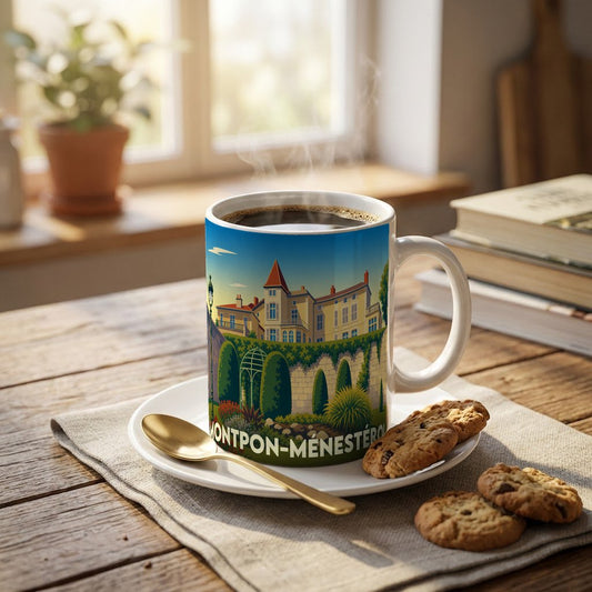 Mug souvenir de la ville de Montpon-Ménestérol orné d'une illustration stylisée de ses paysages.