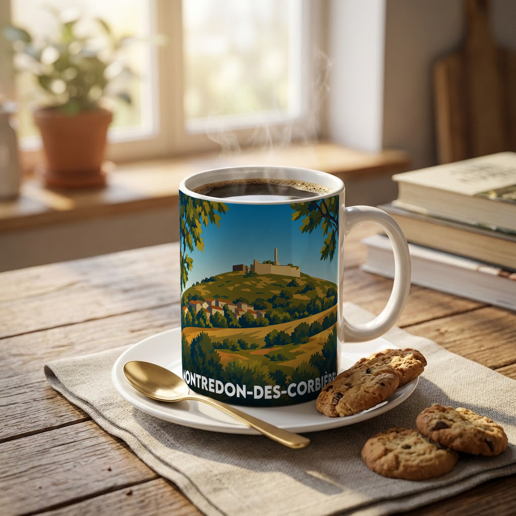 Mug souvenir de la ville de Montredon-des-Corbières avec une illustration stylisée.