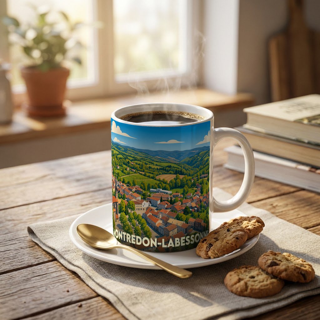 Mug souvenir de la ville de Montredon-Labessonnié avec une illustration stylisée de son paysage vallonné.