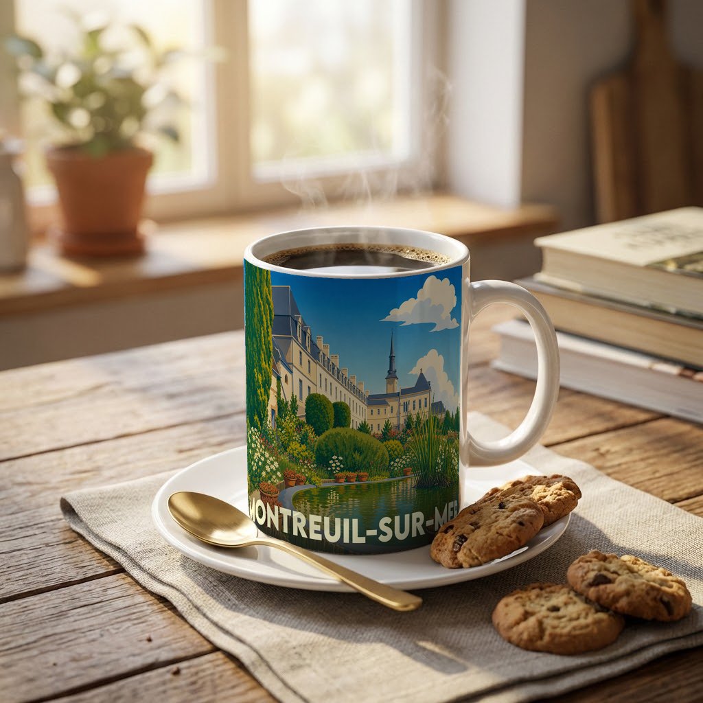 Mug souvenir de la ville de Montreuil-sur-Mer avec une illustration stylisée de ses monuments et jardins.