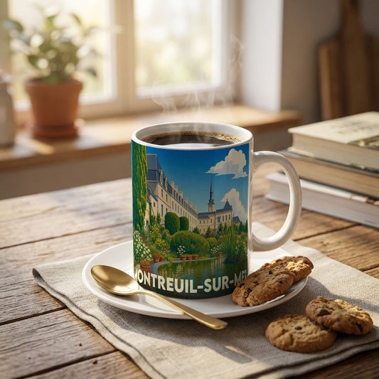 Mug souvenir de la ville de Montreuil-sur-Mer avec une illustration stylisée de ses monuments et jardins.