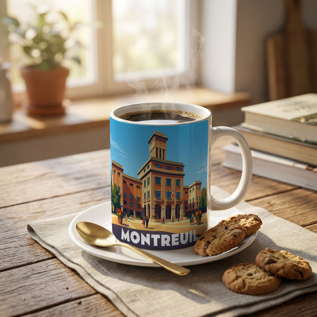 Mug souvenir de la ville de Montreuil avec une illustration stylisée de son hôtel de ville.