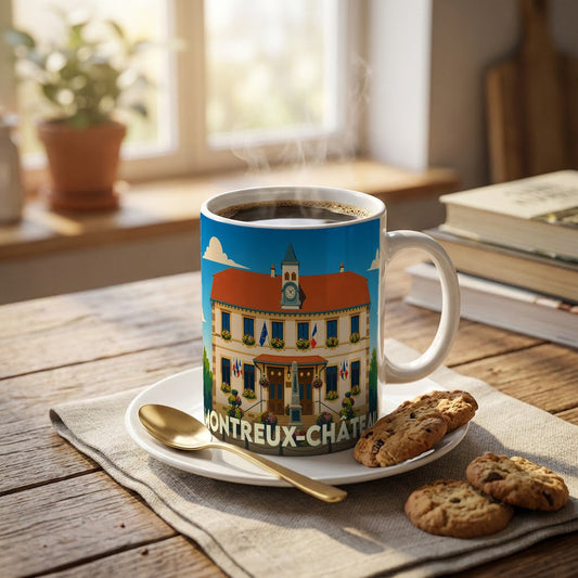 Mug souvenir de la ville de Montreux-Château avec une illustration stylisée de son hôtel de ville.
