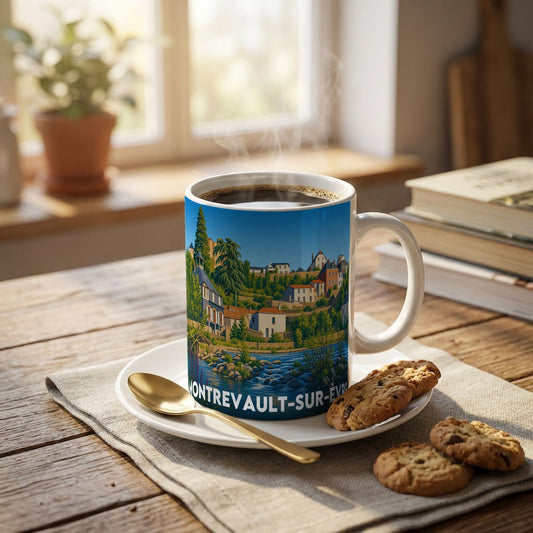 Mug souvenir de la ville de Montrevault-sur-Èvre orné d'une illustration paysagère stylisée.