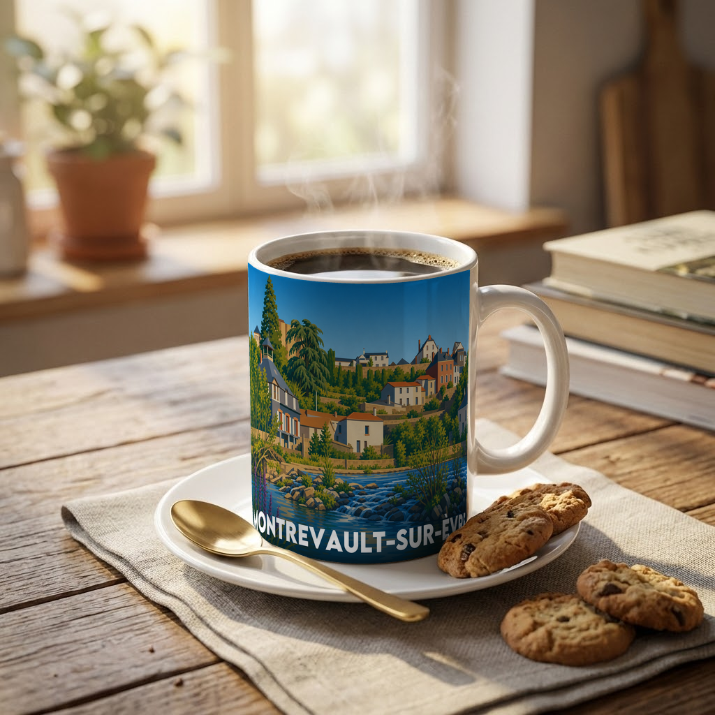 Mug souvenir de la ville de Montrevault-sur-Èvre orné d'une illustration paysagère stylisée.