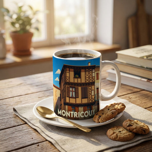 Mug souvenir de la ville de Montricoux orné d'une illustration stylisée de maisons à colombages.