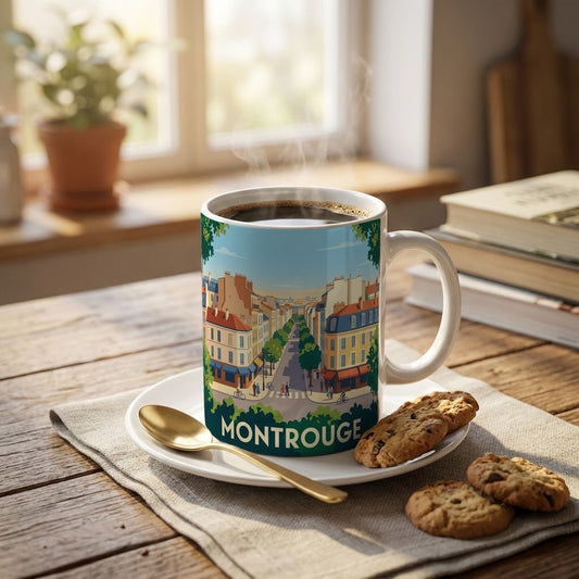 Mug souvenir de la ville de Montrouge avec une illustration stylisée.