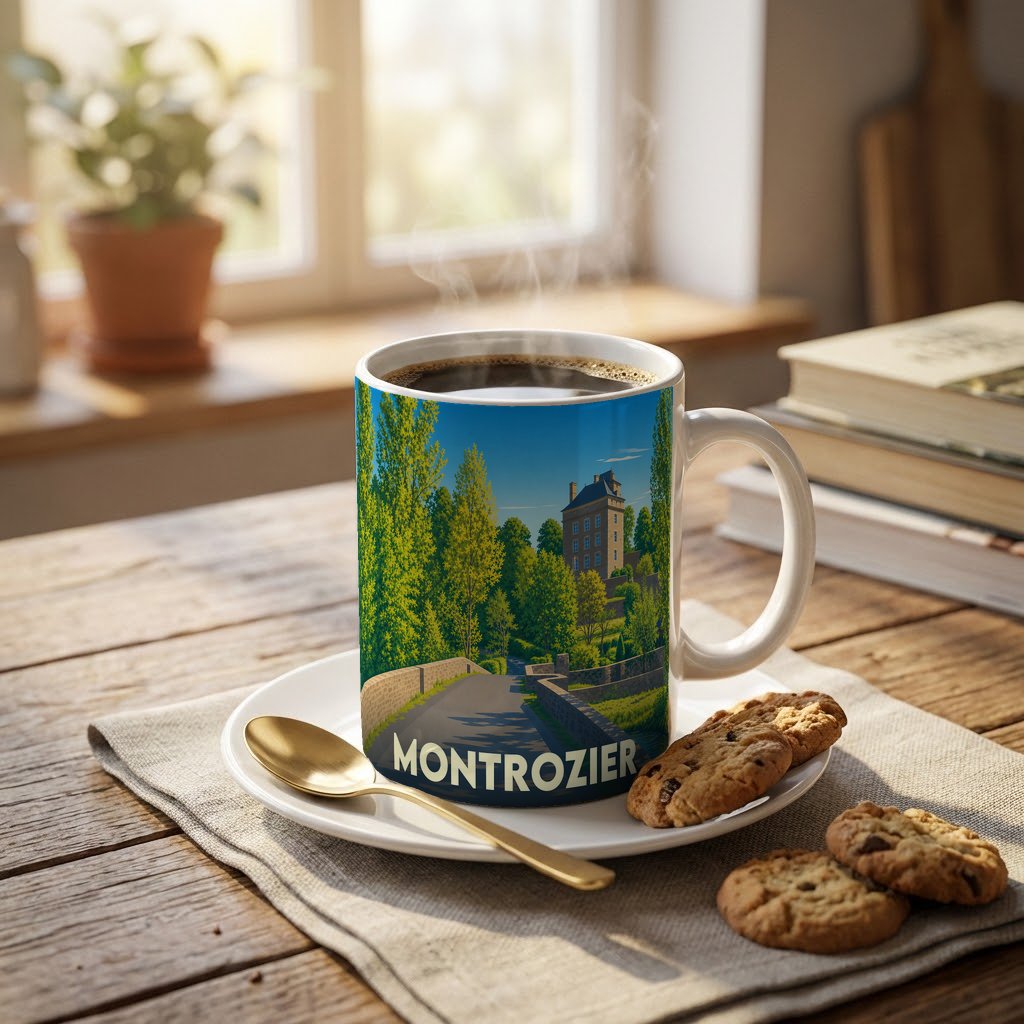 Mug souvenir de la ville de Montrozier avec une illustration stylisée d'un paysage local.