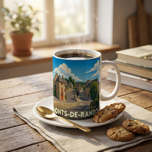 Mug souvenir de la commune de Monts-de-Randon orné d'une illustration de village pittoresque.