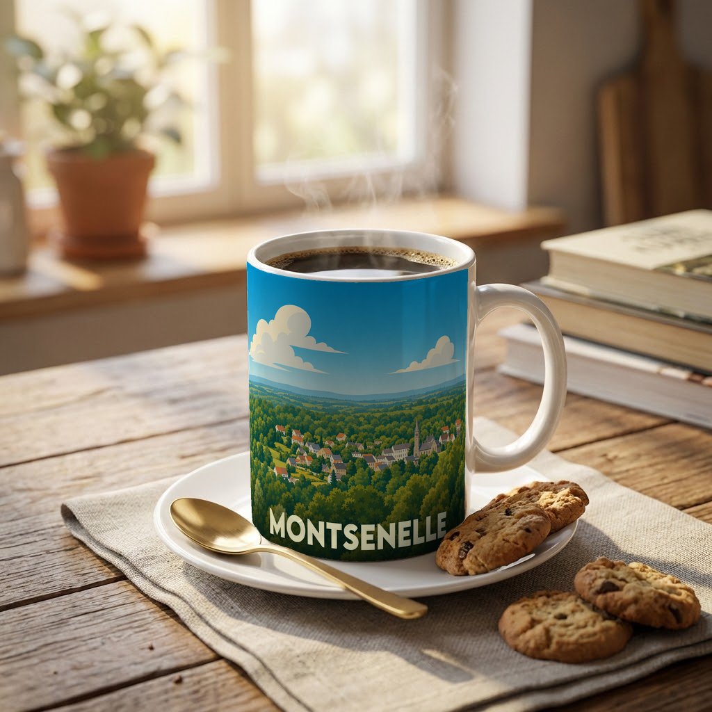 Mug souvenir de la ville de Montsenelle illustré d'un paysage verdoyant et stylisé.