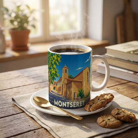 Mug souvenir de la ville de Montséret illustré d'une scène de rue pittoresque et ensoleillée.