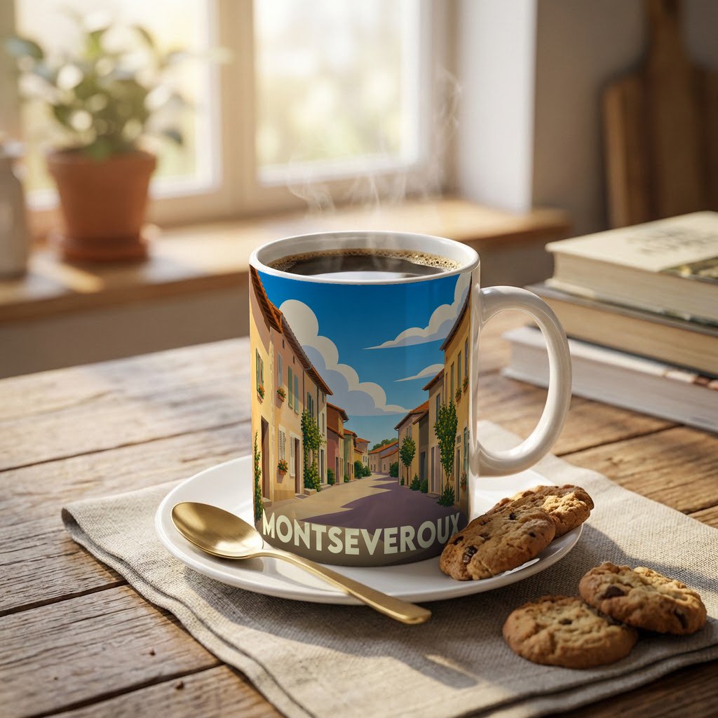 Mug souvenir de la ville de Montseveroux avec une illustration stylisée d'une rue ensoleillée.