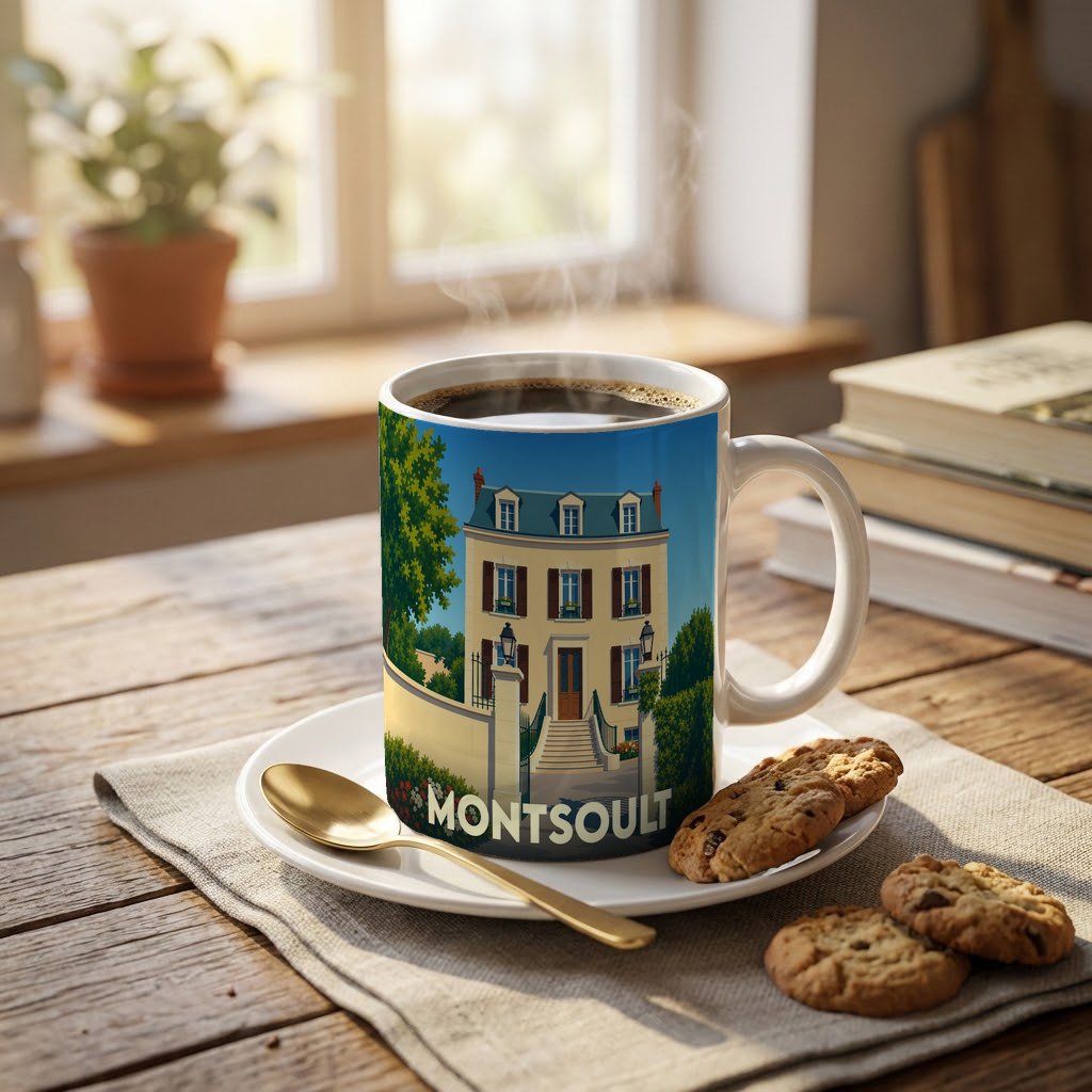 Mug souvenir de la ville de Montsoult avec une illustration stylisée d'une maison de maître.