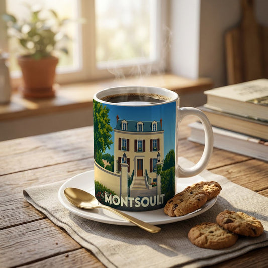 Mug souvenir de la ville de Montsoult avec une illustration stylisée d'une maison de maître.