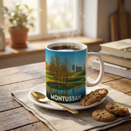Mug souvenir de la ville de Montussan avec une illustration stylisée de son paysage.
