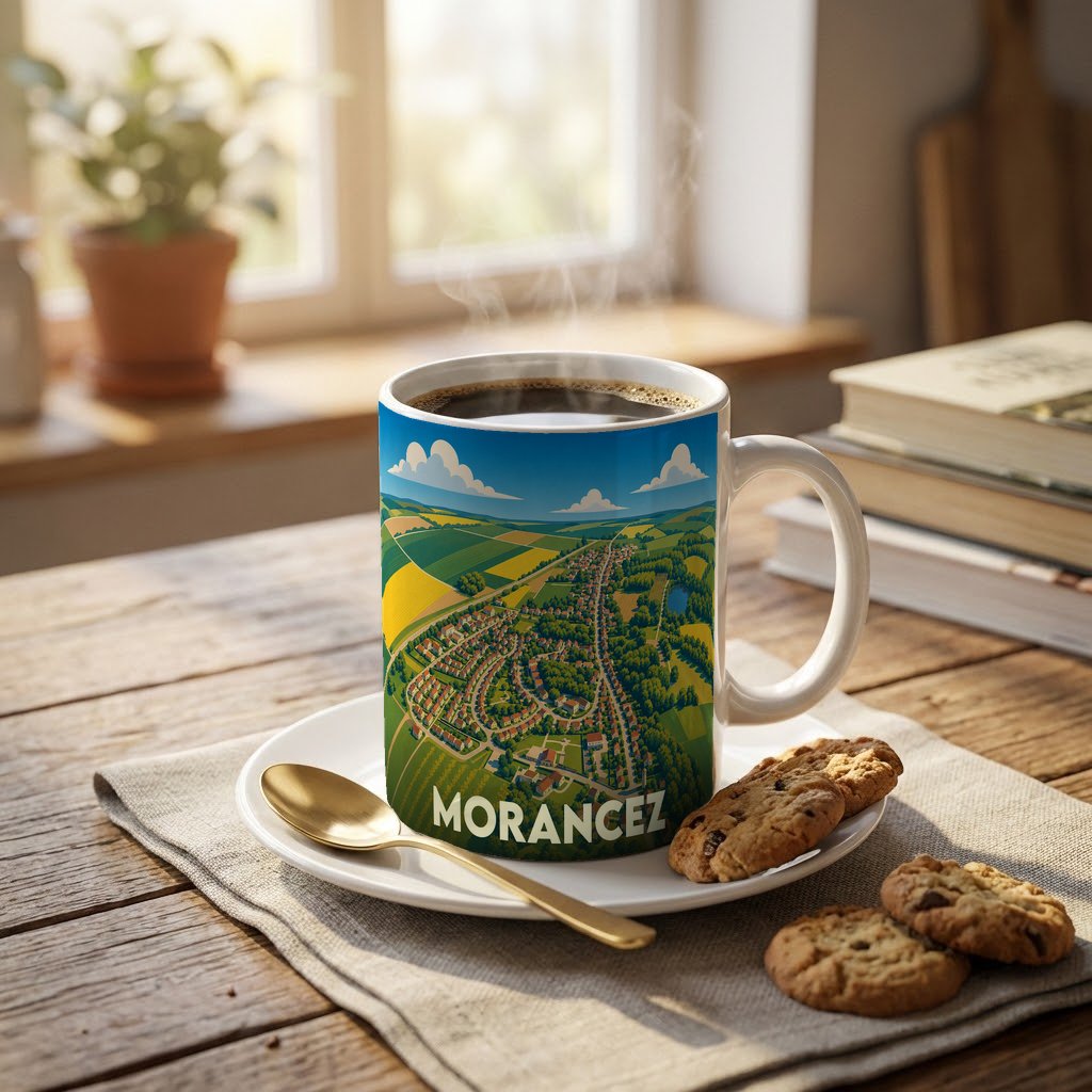 Mug souvenir de la ville de Morancez avec une illustration panoramique stylisée.