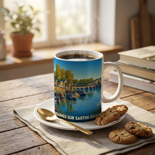 Mug souvenir de la ville de Morannes sur Sarthe-Daumeray avec une illustration stylisée des bords de la Sarthe.