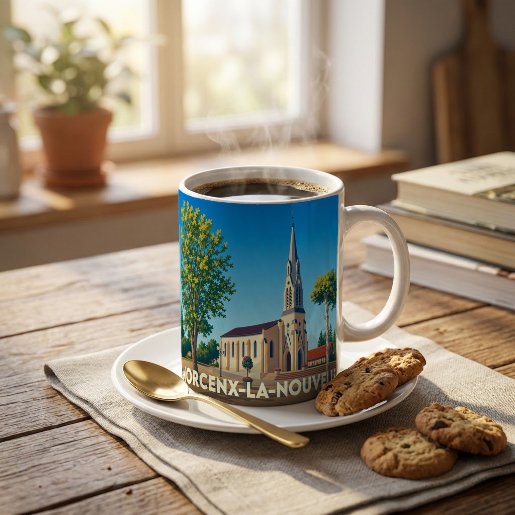 Mug souvenir de la ville de Morcenx-la-Nouvelle avec une illustration stylisée de son église.