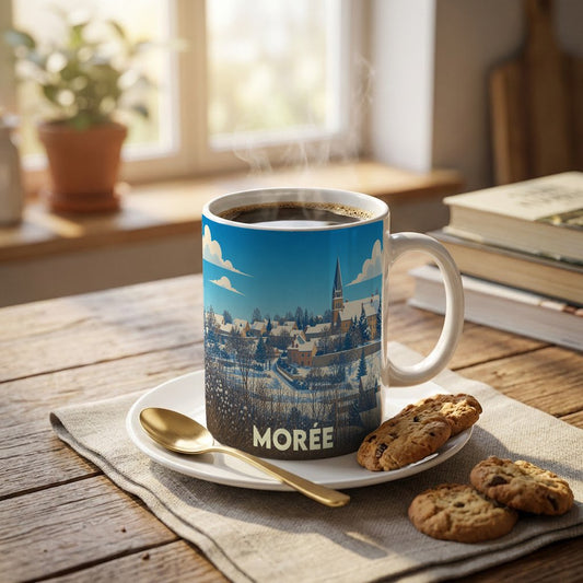 Mug souvenir de la ville de Morée orné d'une illustration hivernale stylisée.