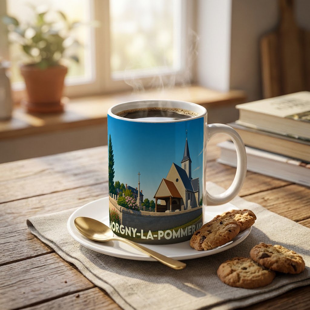 Mug souvenir de la ville de Morgny-la-Pommeraye avec une illustration stylisée de son église.
