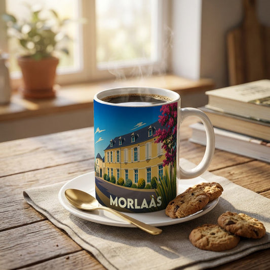 Mug souvenir de la ville de Morlaàs orné d'une illustration stylisée de son architecture.