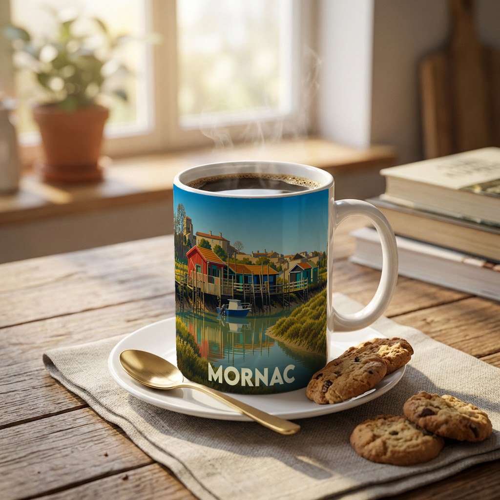 Mug souvenir de la ville de Mornac illustré d'une scène de port avec des cabanes colorées sur pilotis.