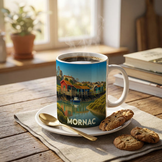 Mug souvenir de la ville de Mornac illustré d'une scène de port avec des cabanes colorées sur pilotis.