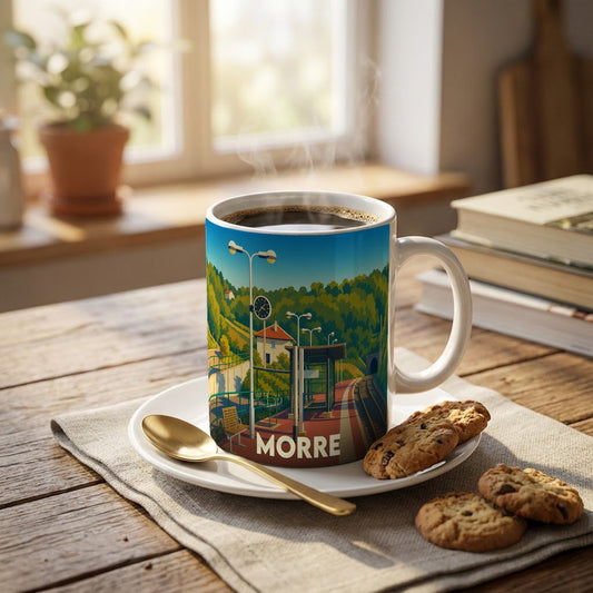 Mug souvenir de la ville de Morre avec une illustration stylisée représentant sa gare.