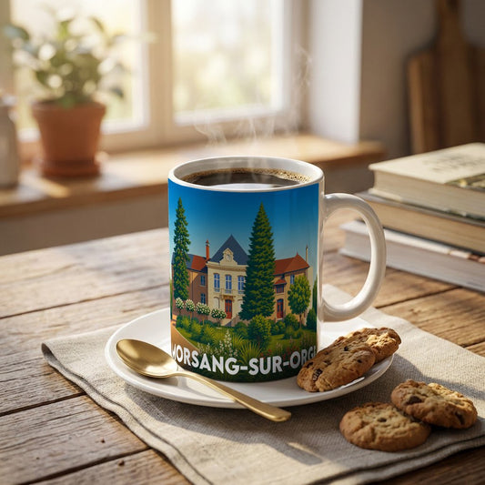 Mug souvenir de la ville de Morsang-sur-Orge avec une illustration stylisée.