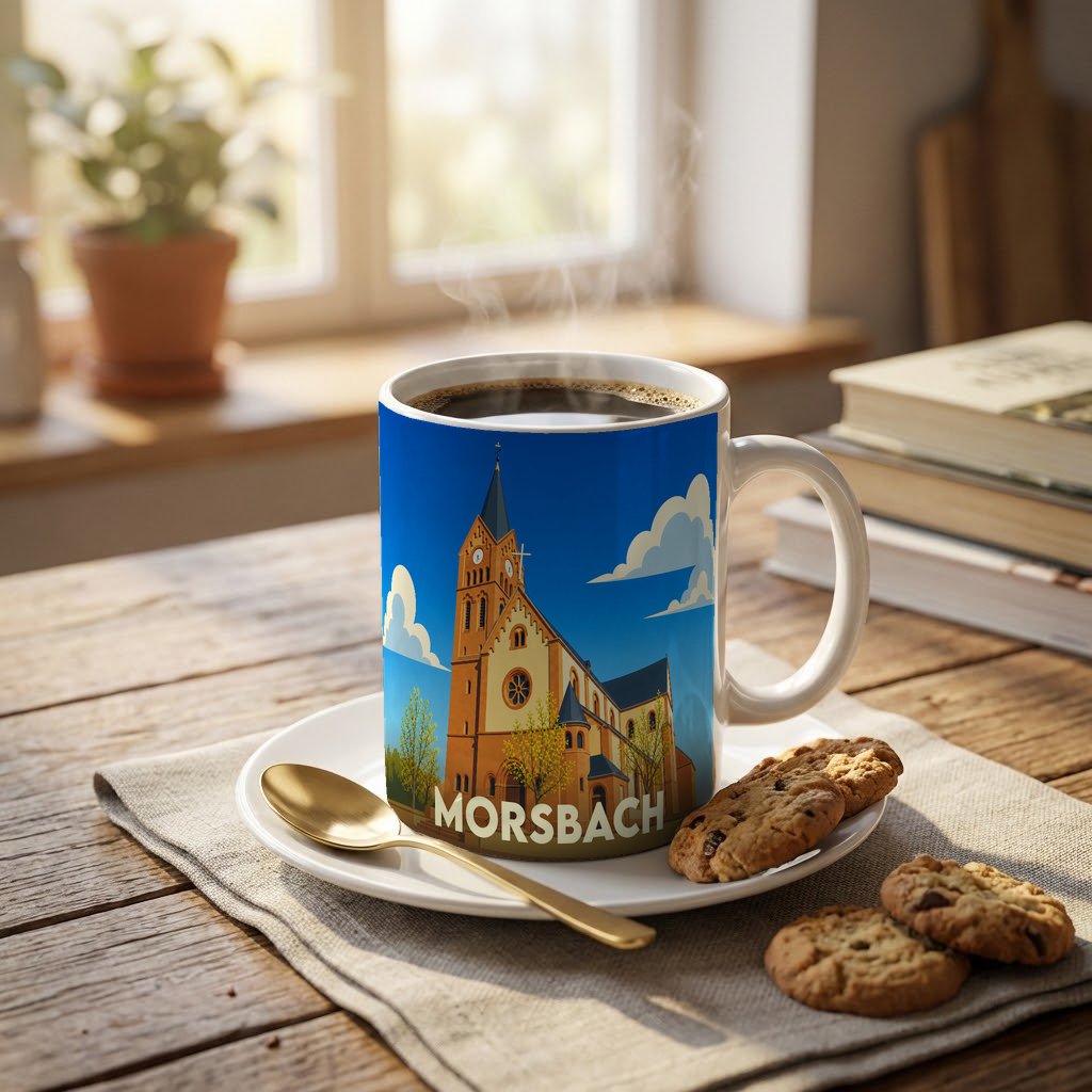 Mug souvenir de la ville de Morsbach avec une illustration stylisée d'une église sur fond bleu.