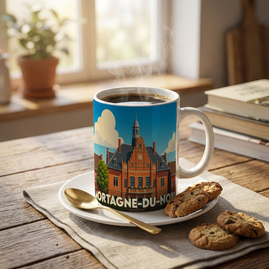 Mug souvenir de la ville de Mortagne-du-Nord orné d'une illustration stylisée de son architecture.