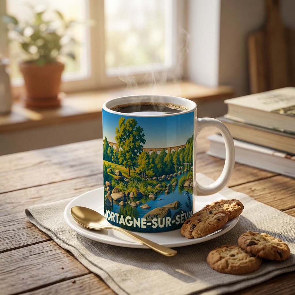 Mug souvenir de la ville de Mortagne-sur-Sèvre illustré d'un paysage de rivière et d'un viaduc.
