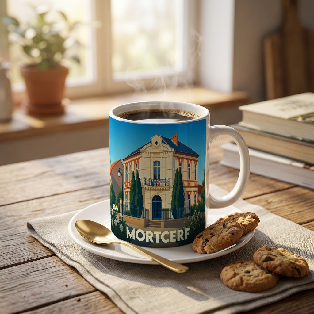 Mug souvenir de la ville de Mortcerf orné d'une illustration stylisée de son hôtel de ville.