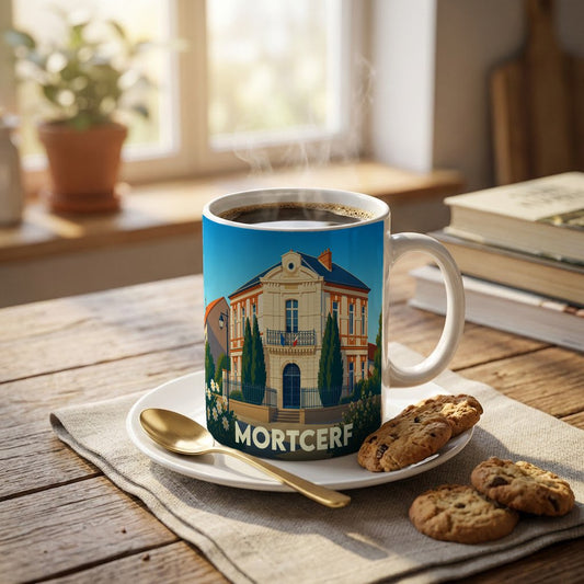 Mug souvenir de la ville de Mortcerf orné d'une illustration stylisée de son hôtel de ville.