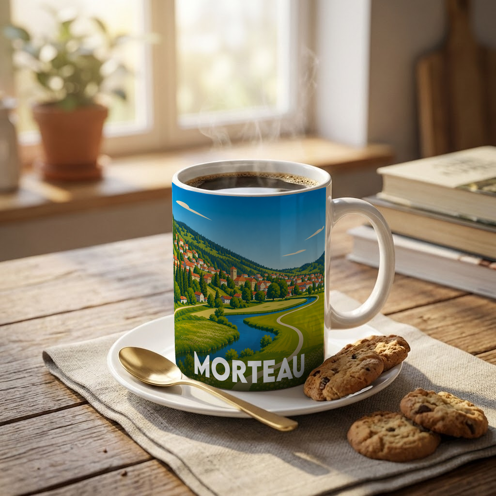 Mug souvenir de la ville de Morteau avec une illustration stylisée de son paysage et de sa rivière.