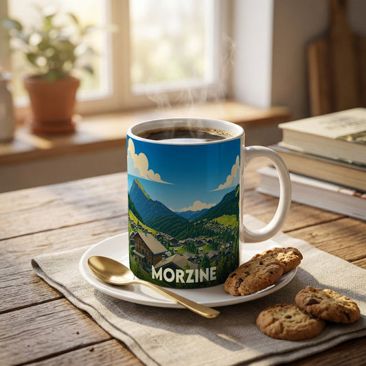 Mug souvenir de la ville de Morzine illustré d'un paysage de montagne stylisé, posé sur une table avec du café et des biscuits.