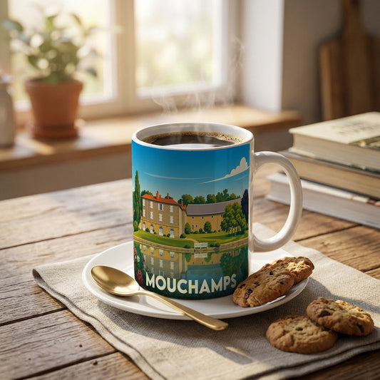 Mug souvenir de la ville de Mouchamps avec une illustration stylisée.