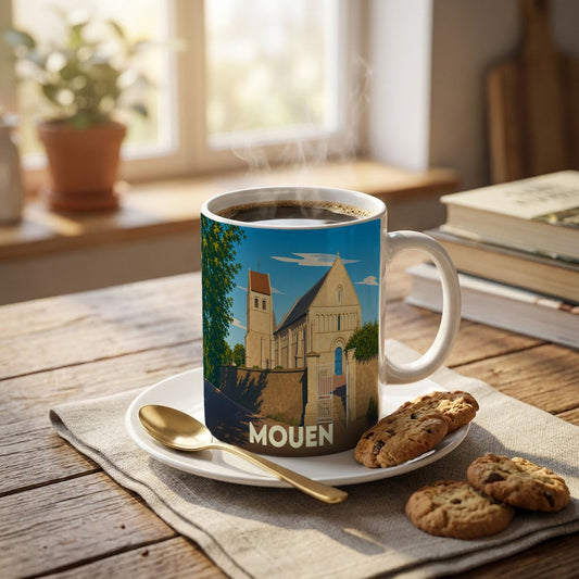 Mug souvenir de la ville de Mouen orné d'une illustration stylisée de son église.
