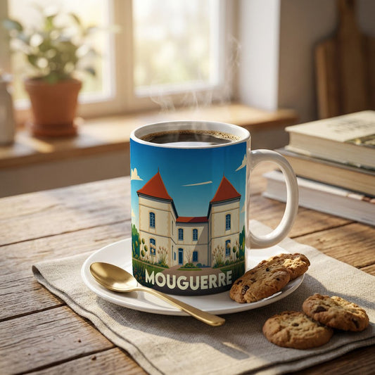 Mug souvenir de la ville de Mouguerre avec une illustration stylisée de son patrimoine architectural.