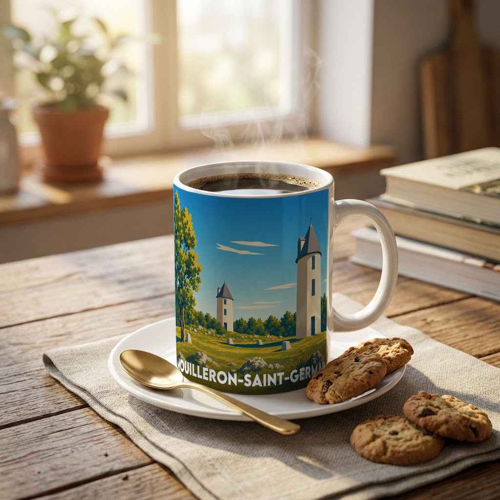 Mug souvenir de la ville de Mouilleron-Saint-Germain avec une illustration stylisée.