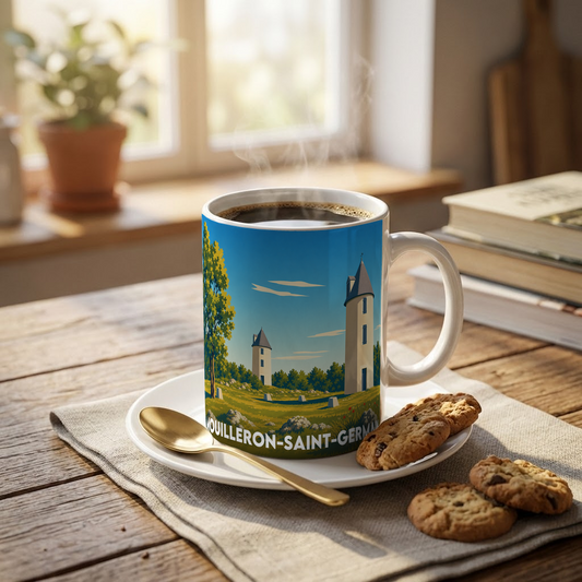Mug souvenir de la ville de Mouilleron-Saint-Germain avec une illustration stylisée.