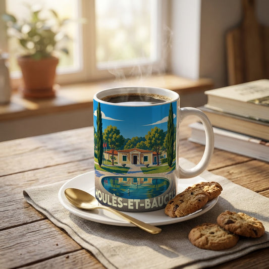 Mug souvenir de la ville de Moulès-et-Baucels avec une illustration stylisée d'une villa et son bassin.