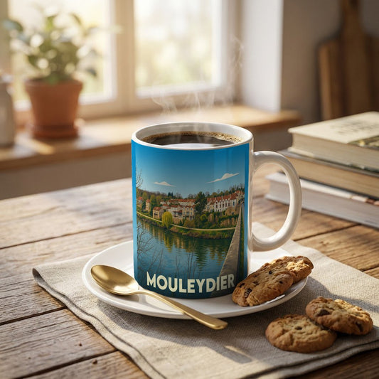Mug souvenir de la ville de Mouleydier avec une illustration stylisée des bords de la Dordogne.