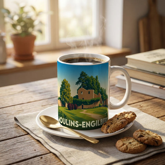 Mug souvenir de la ville de Moulins-Engilbert orné d'une illustration stylisée de ses ruines médiévales.