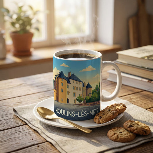 Mug souvenir de la ville de Moulins-lès-Metz avec une illustration stylisée.