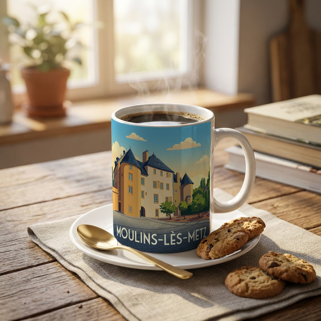Mug souvenir de la ville de Moulins-lès-Metz avec une illustration stylisée.