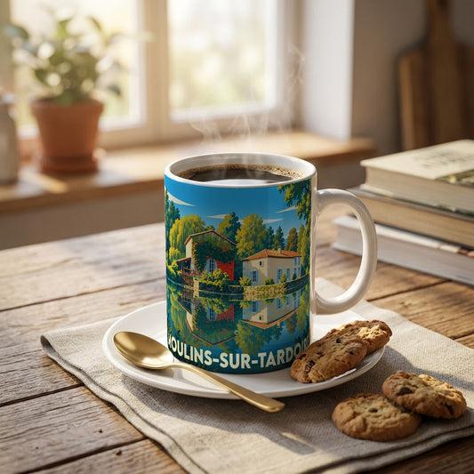 Mug souvenir de la ville de Moulins-sur-Tardoire avec une illustration stylisée d'un paysage au bord de l'eau.