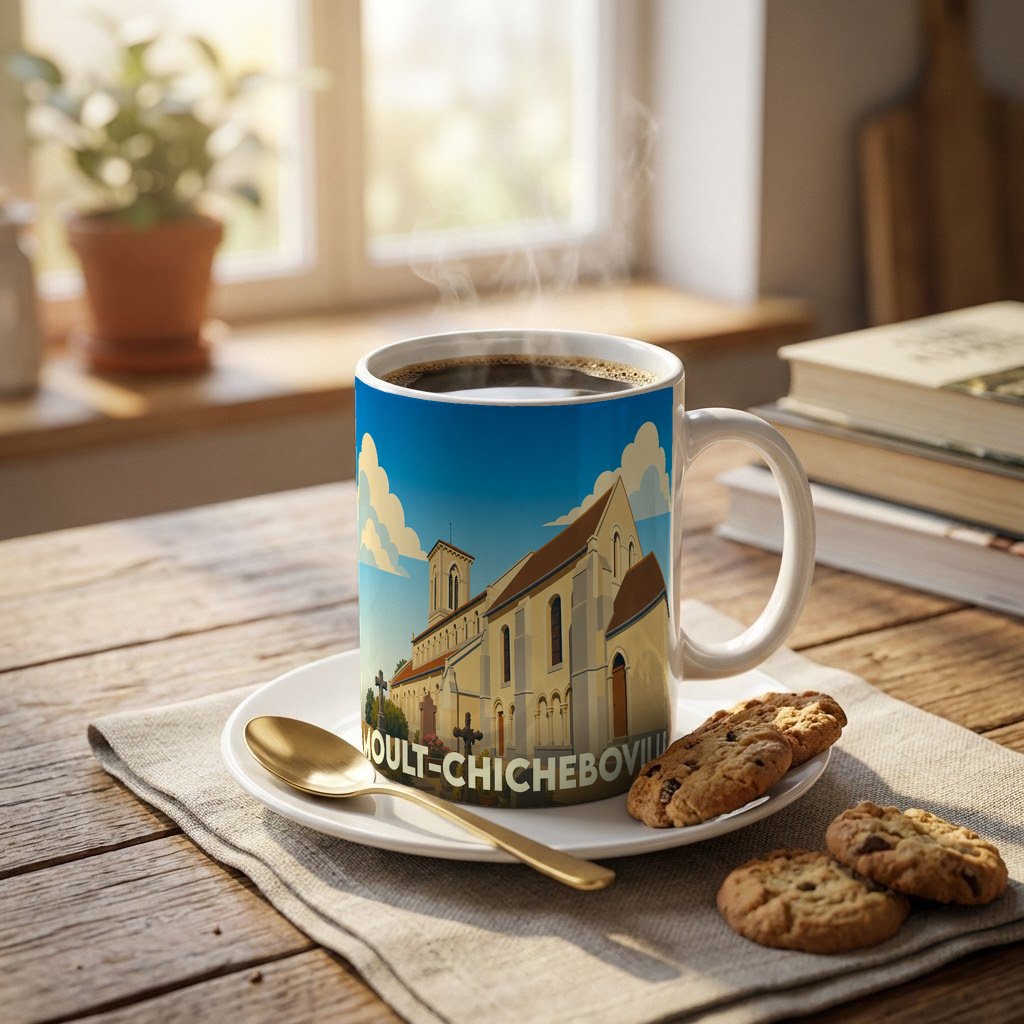 Mug souvenir de la commune de Moult-Chicheboville orné d'une illustration stylisée de son église.