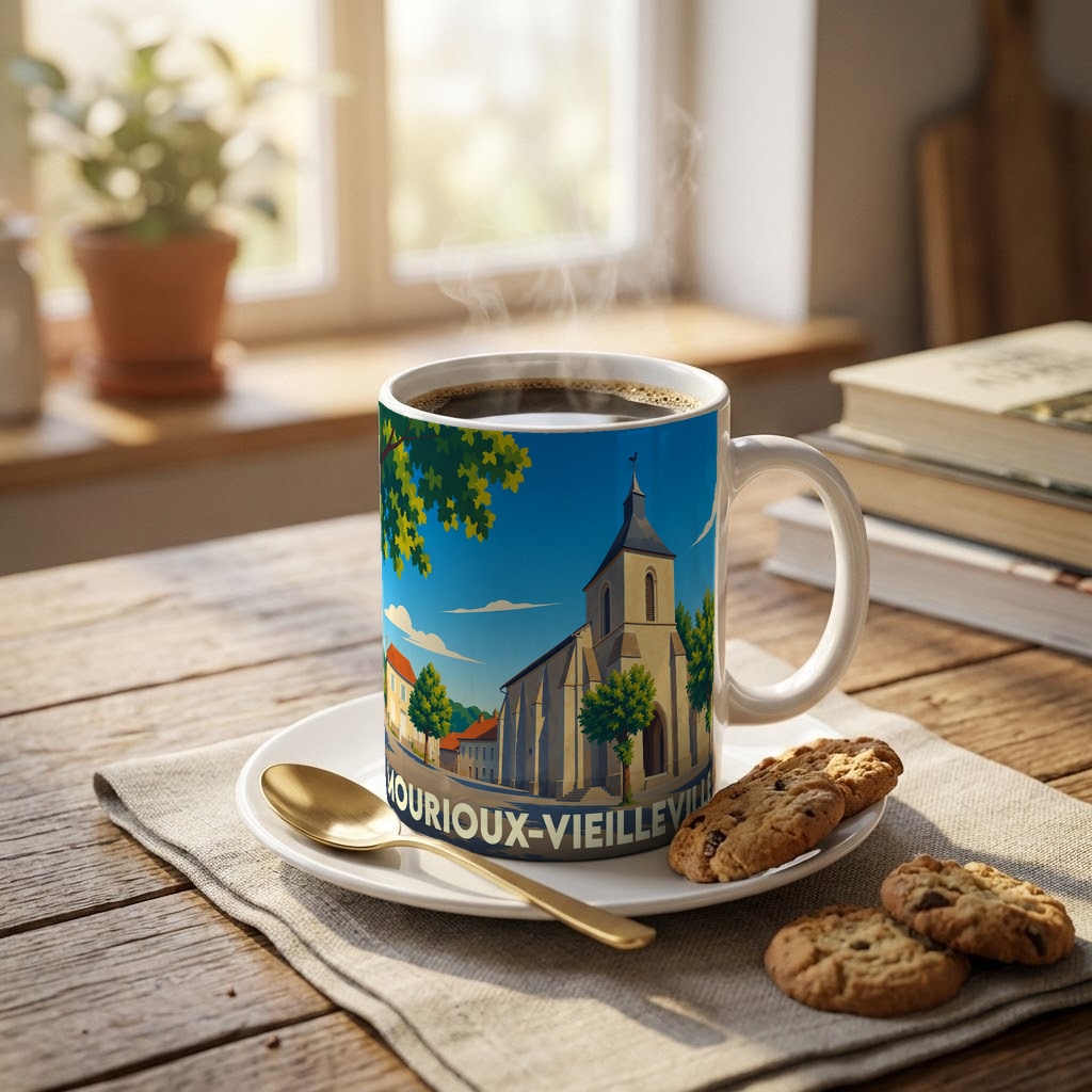 Mug souvenir de la ville de Mourioux-Vieilleville avec une illustration stylisée de son église.